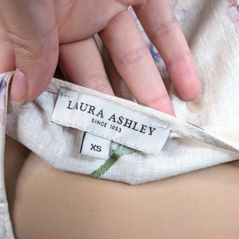 Laura Ashley Ivory Pink Floral Linen Blend Tie-Front Blouse Scalloped Hem XS - Picture 10 of 12